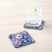 ブルー パープル フラワー コルクバック コースター 6枚セット (右側)