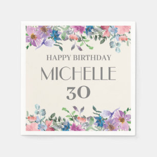 ブルー パープル 水彩 花 30歳の誕生日 女性 スタンダードカクテルナプキン