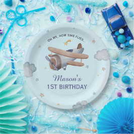 ブルー ビンテージ 飛行機 空 1歳 誕生日 お祝い ペーパープレート