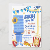 ブルー ピザ ポップコーン パジャマ 誕生日おめでとう 招待状 (正面)