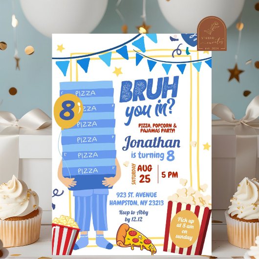 ブルー ピザ ポップコーン パジャマ 誕生日おめでとう 招待状