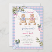 ブルー&ピンクのギンガムクリスマスクッキージェンダーのリビール 招待状 (正面)