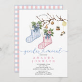 ブルー&ピンクのクリスマスストッキング性別リビールパーティー 招待状 (正面/裏面)