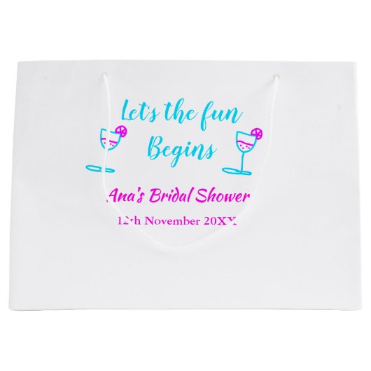 ブルー、ピンクのワイングラス ブライダルシャワーパーティー　楽しい時間を始めましょう ラージペーパーバッグ (正面)
