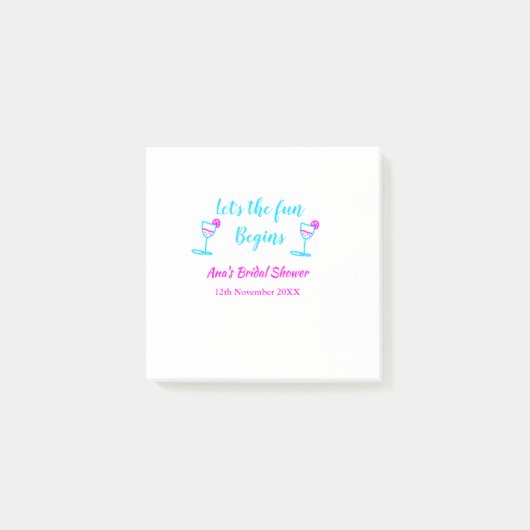 ブルー ピンクのワインボトル グラス ブライダルシャワー 楽しい時間を始めましょう ポストイット (正面)