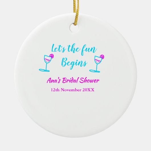 ブルー ピンクのワインボトル ブライズ シャワーパーティー 楽しい時間を始めましょう セラミックオーナメント (正面)