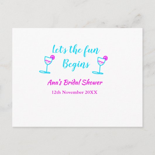ブルー ピンクのワインボトル ブライズ シャワーパーティー 楽しい時間を始めましょう ポストカード (正面)