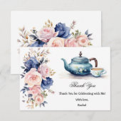 ブルー&ピンクの花柄ティーパーティー ブライダルシャワー サンキューカード (正面/裏面)