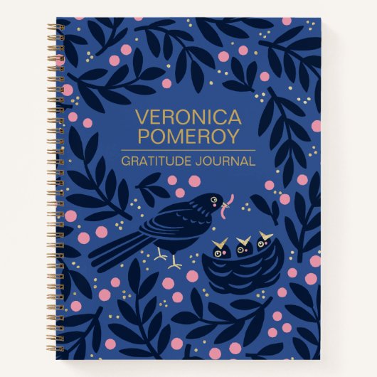 ブルー&ピンクの鳥図解入りの、写真付きの感謝ジャーナル ノートブック (正面)