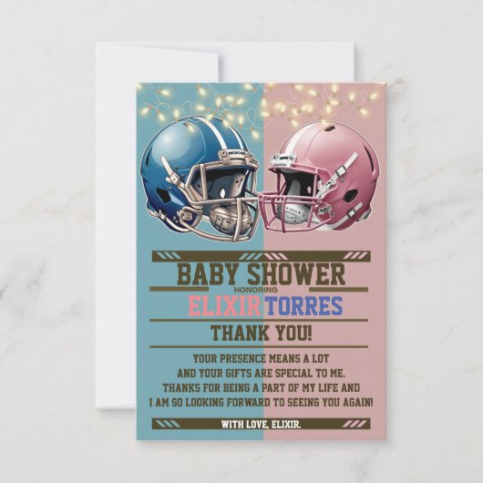 ブルー&ピンクアメリカンフットボールのヘルメット赤ちゃんシャワー サンキューカード (正面)