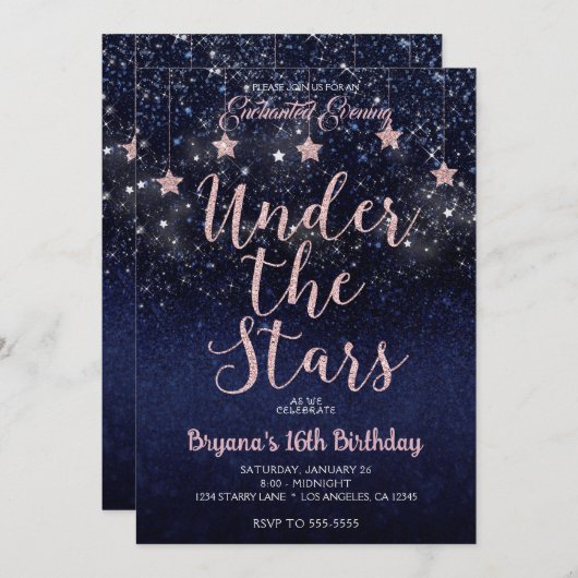 ブルー&ピンクアンダーザスターズスターリーナイトスウィート16 招待状 (正面/裏面)