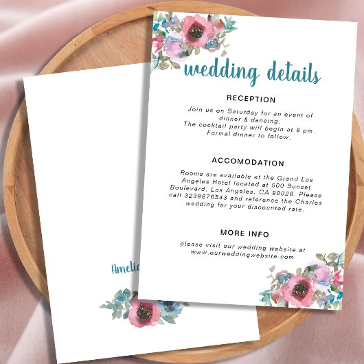 ブルー&ピンクウォーターカラー結婚フローラ詳細 エンクロージャーカード