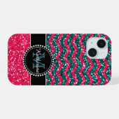 ブルー&ピンクグリッターシェブロンパーソナライズされたディフェンダー iPhone 15ケース (裏面横)