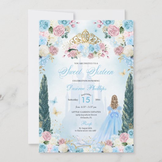 ブルー&ピンクシンデレラフェアユタレプリンセススウィート16 招待状 (正面)