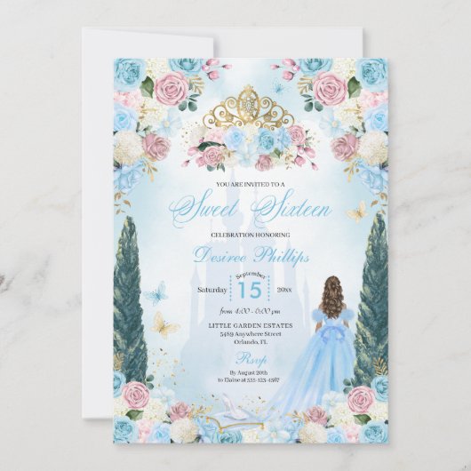 ブルー&ピンクシンデレラフェアユタレプリンセススウィート16 招待状 (正面)