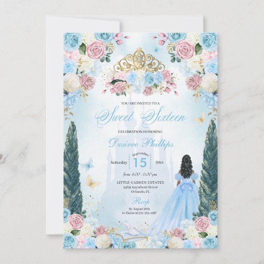ブルー&ピンクシンデレラフェアユタレプリンセススウィート16 招待状 (正面)