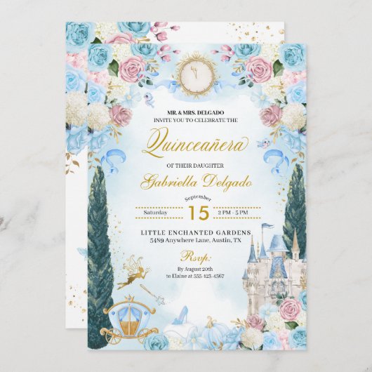 ブルー&ピンクシンデレラプリンセス妖精キンセアニェラ 招待状 (正面/裏面)