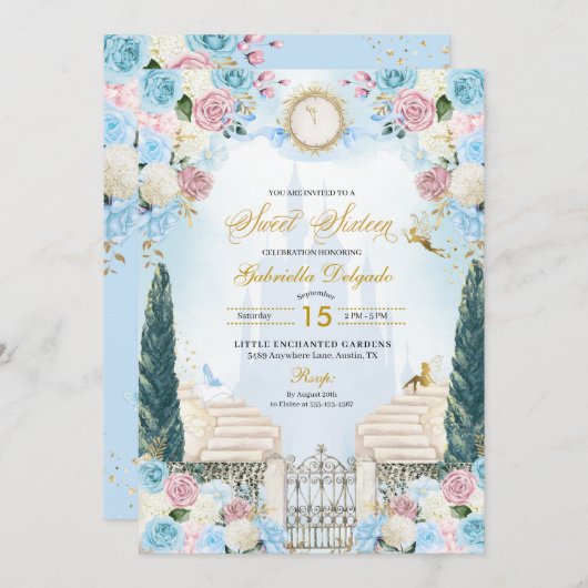 ブルー&ピンクシンデレラプリンセスSweet sixteen 招待状 (正面/裏面)