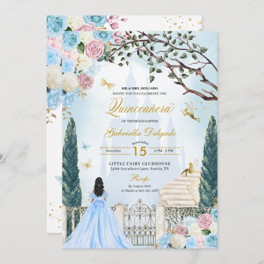 ブルー&ピンクシンデレラマジカルガーデンキンセアニェラ 招待状 (正面/裏面)