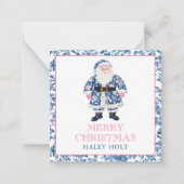 ブルー&ピンクチノワセリートイレクリスマスサンタ ノートカード (正面)