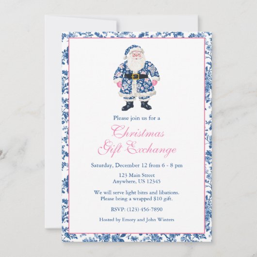 ブルー&ピンクチノワセリートイレクリスマスサンタ 招待状 (正面)