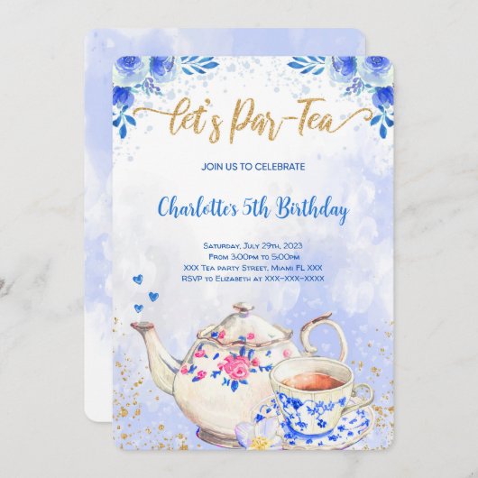 ブルー&ピンクティーパーティー誕生日招待状 招待状 (正面/裏面)