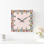 ブルー&ピンクデイジーフローラ植物芸術 スクエア壁時計 (ホーム)