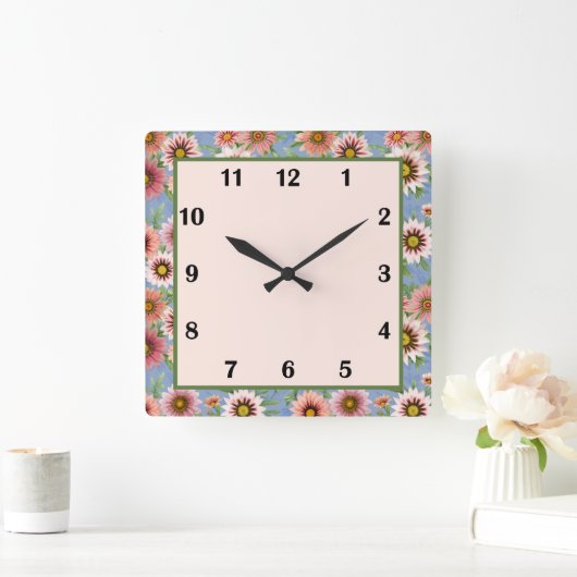 ブルー&ピンクデイジーフローラ植物芸術 スクエア壁時計 (ホーム)