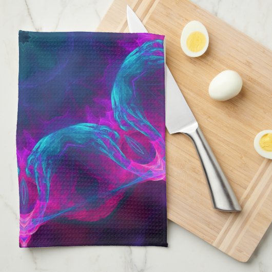 ブルー&ピンクネオンダーク万華鏡のように千変万化するパターングラデーション キッチンタオル (四つ折り)