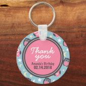ブルー&ピンクフクロウ誕生日サンキューキーチェーン キーホルダー (正面)