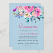 ブルー&ピンクフラワーカラフルキンセアニェラ招待状 招待状 (正面/裏面)