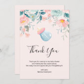 ブルー&ピンクベビーボトルとフラワー縁ど サンキューカード (正面/裏面)