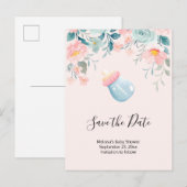 ブルー&ピンクベビーボトルベビーシャワー日を保存 インビテーションポストカード (正面/裏面)