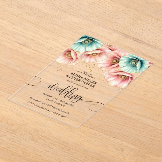 ブルー&ピンクポピー水カラー結婚式招待状 アクリル招待状 (レイダウン)