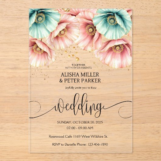 ブルー&ピンクポピー水カラー結婚式招待状 アクリル招待状 (正面)