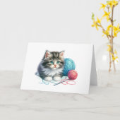 ブルー&ピンクヤーン虎猫チャームグリーティ空白のングカード カード (黄色い花)