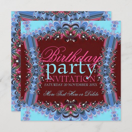 ブルー+ピンクヴィンテージフリル誕生日パーティーへの招待 招待状 (正面/裏面)