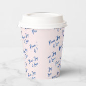 ブルー&ピンク平和、喜び&愛の文字パタカスタムーン 紙コップ (左)