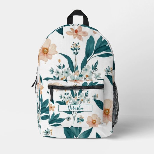 ブルー ピンク エレガント 水彩 花 春 ボヘミア プリントバックパック (正面)