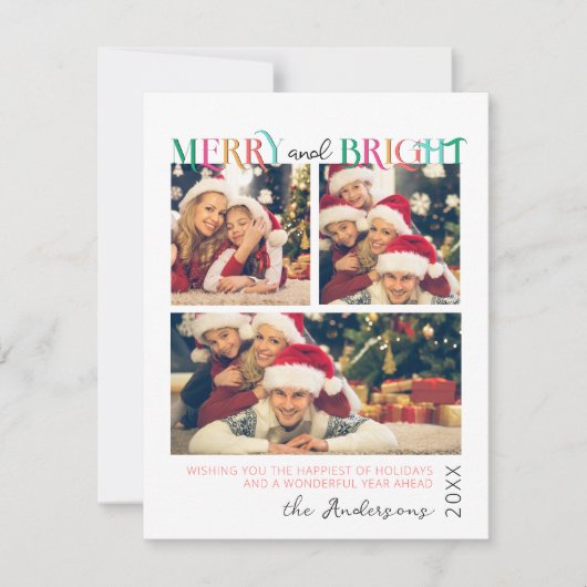 ブルー ピンク グリーン メリー アンド ブライト スノーフレーク 3 フォト シーズンカード (正面)