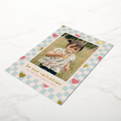 ブルー ピンク チェック柄 ハート バレンタインデー カード (回転した状態)