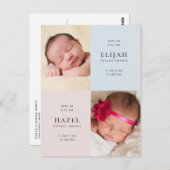 ブルー&ピンク・ツインズの写真誕生のお知らせ ポストカード (正面/裏面)