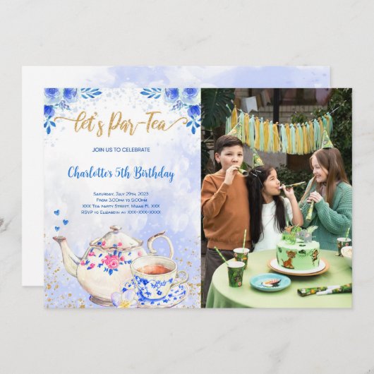ブルー＆ピンク ティーパーティー 誕生日 フォト 招待状 (正面/裏面)