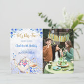 ブルー&ピンク ティーパーティー 誕生日 フォト 招待状 (スタンド正面)