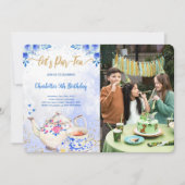 ブルー&ピンク ティーパーティー 誕生日 フォト 招待状 (正面)