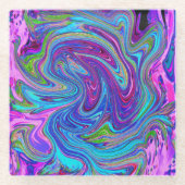 ブルー、ピンク、パープルグルーヴィ抽象芸術レトロアート ガラスコースター (正面)