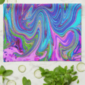 ブルー、ピンク、パープルグルーヴィ抽象芸術レトロアート キッチンタオル (折り畳み)