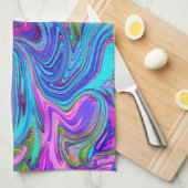 ブルー、ピンク、パープルグルーヴィ抽象芸術レトロアート キッチンタオル (四つ折り)