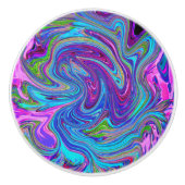 ブルー、ピンク、パープルグルーヴィ抽象芸術レトロアート セラミックノブ (正面)