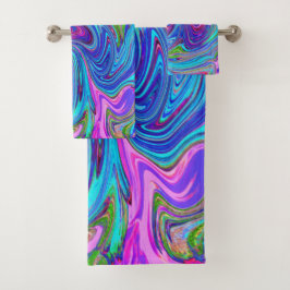 ブルー、ピンク、パープルグルーヴィ抽象芸術レトロアート バスタオルセット